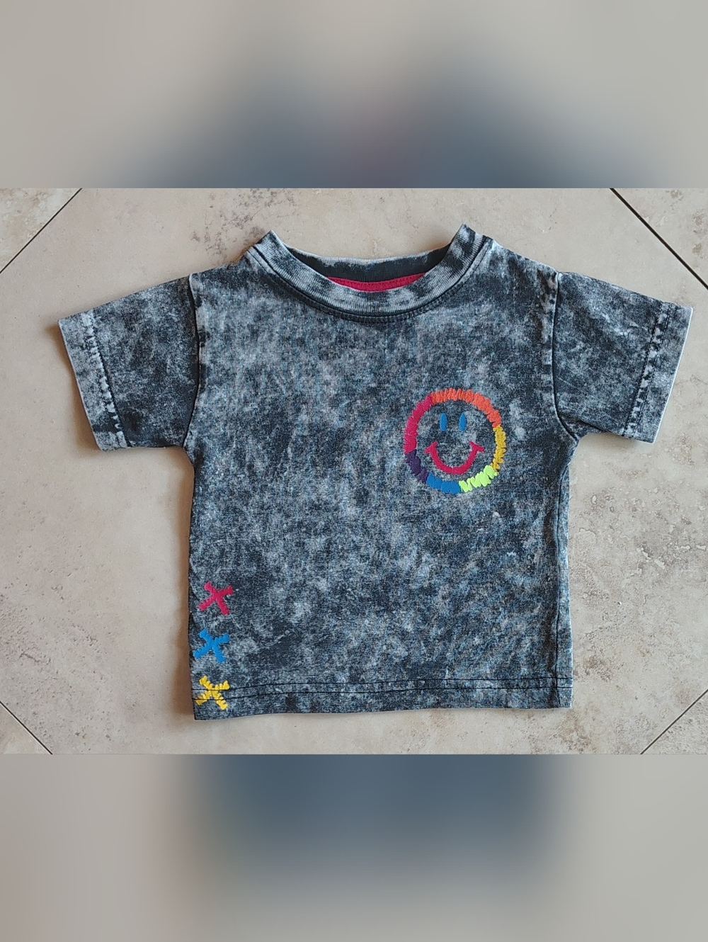 NWOT MISH BOYS Distress Acid Wash Rainbow Smiley Face Boy's Tee 6MO